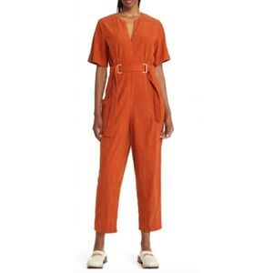 NWOT Du Paradis Corduroy Belted Rust Short Sleeve Tapered Leg Jumpsuit Sz M